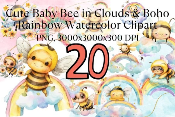 Download Cute Bee Boho Rainbow Watercolor Clipart - Boho Collection