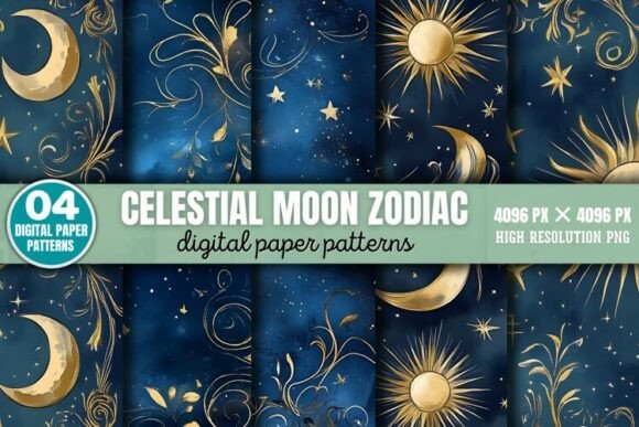 Download Celestial Moon Zodiac Digital Paper Back - Zodiac digital paper Collection