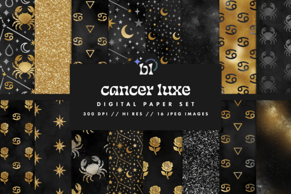 Download Black &amp; Gold Cancer Zodiac Digital Paper - Zodiac digital paper Collection