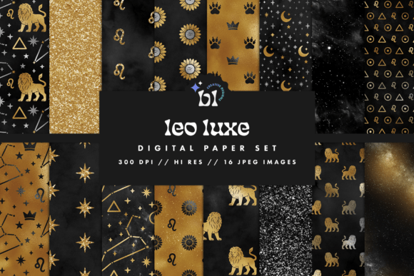 Download Black &amp; Gold Leo Zodiac Digital Paper - Zodiac digital paper Collection