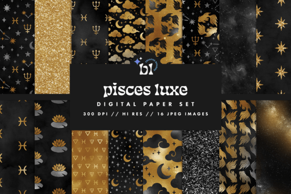 Download Black &amp; Gold Pisces Zodiac Digital Paper - Zodiac digital paper Collection