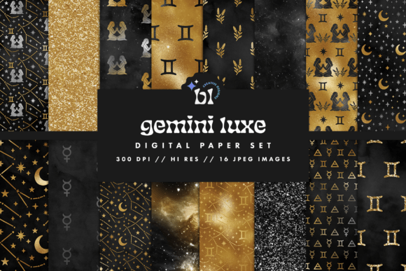 Download Black &amp; Gold Gemini Zodiac Digital Paper - Zodiac digital paper Collection