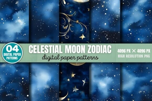 Download Celestial Moon Zodiac Digital Paper Back - Zodiac digital paper Collection