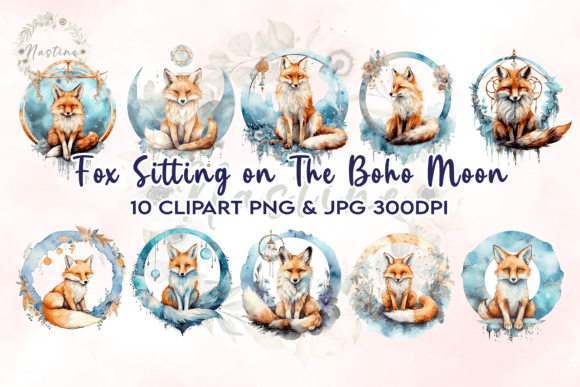 Download Fox Sitting on the Boho Moon Clipart - Boho Collection