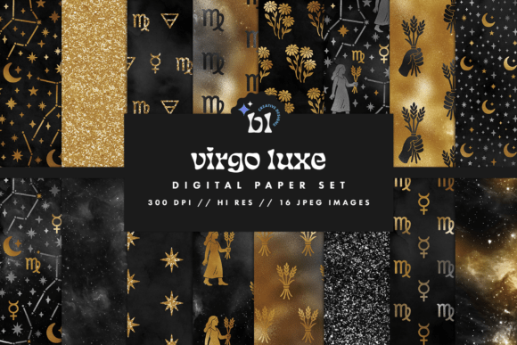Download Black &amp; Gold Virgo Zodiac Digital Paper - Zodiac digital paper Collection