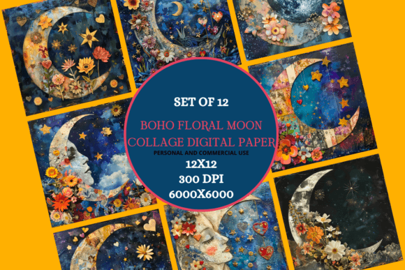 Download Boho Floral Collage Moon Digital Paper - Boho Collection