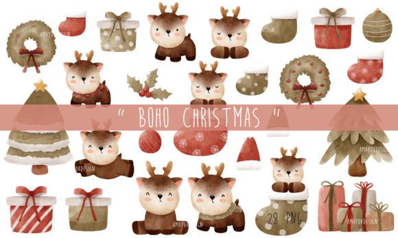 Download Boho Christmas Watercolor Clipart - Boho Collection
