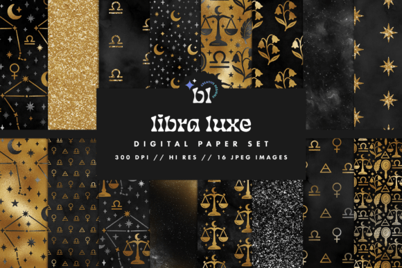 Download Black &amp; Gold Libra Zodiac Digital Paper - Zodiac digital paper Collection